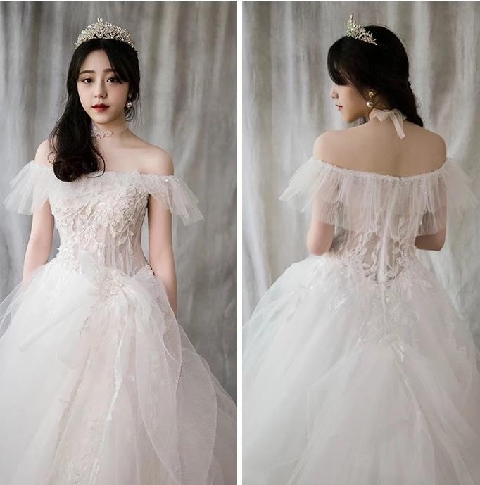 缪丝个性婚纱  一字肩显瘦小仙女款出门纱外景纱