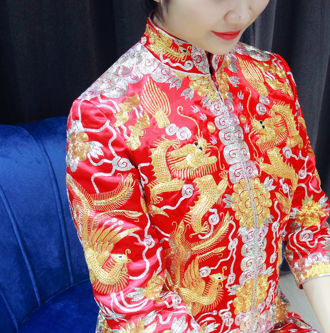 【中式】手工金银线加密小五福龙凤褂/真丝秀禾服