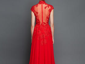 逸品定制 14204 红色蕾丝半露背旗袍领晚装
