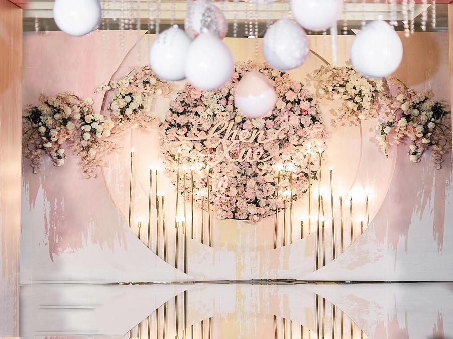 香槟粉奢华羽毛主题婚礼含老板亲自司仪化妆摄像摄影