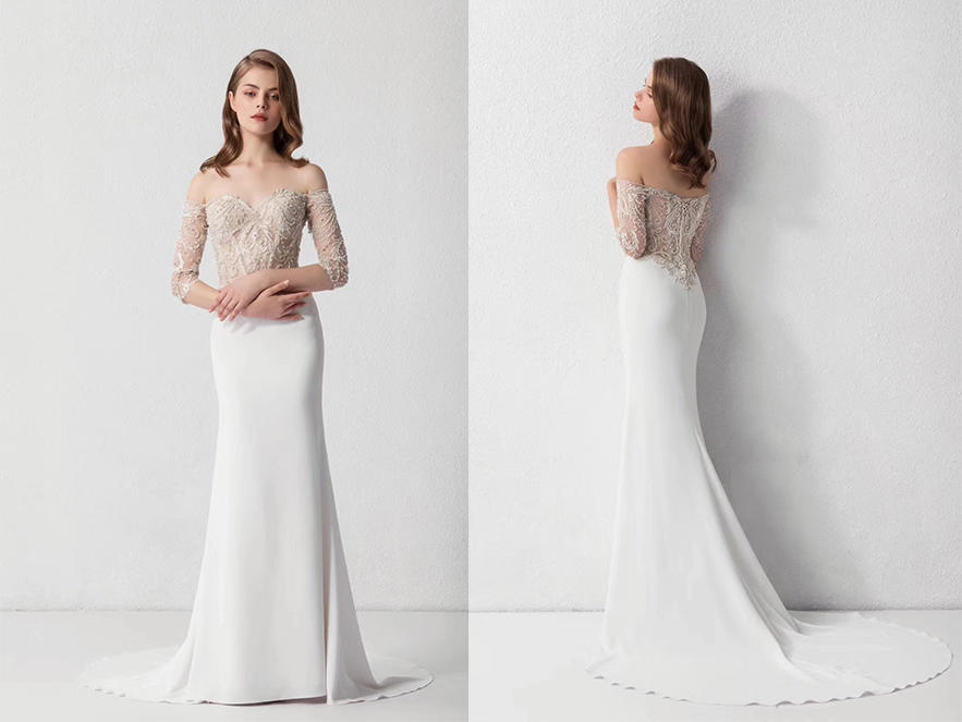 「媆·设计」一字肩法式刺绣鱼尾 完美新娘必选