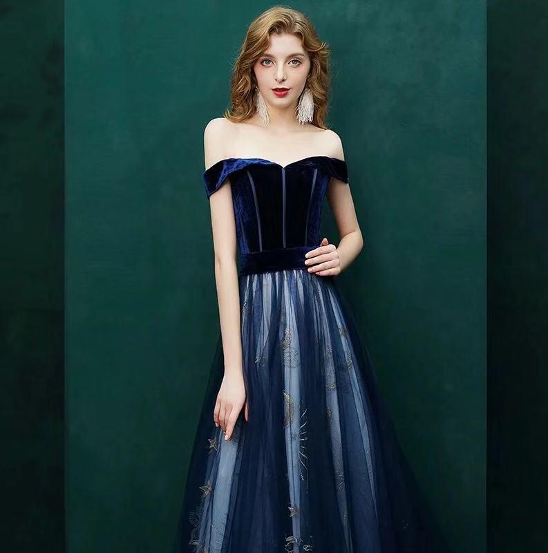 【星月】蓝色丝绒一字肩晚礼服