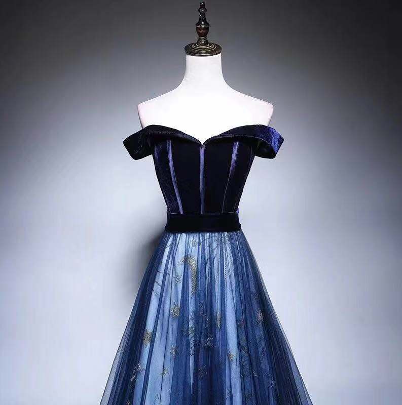 【星月】蓝色丝绒一字肩晚礼服