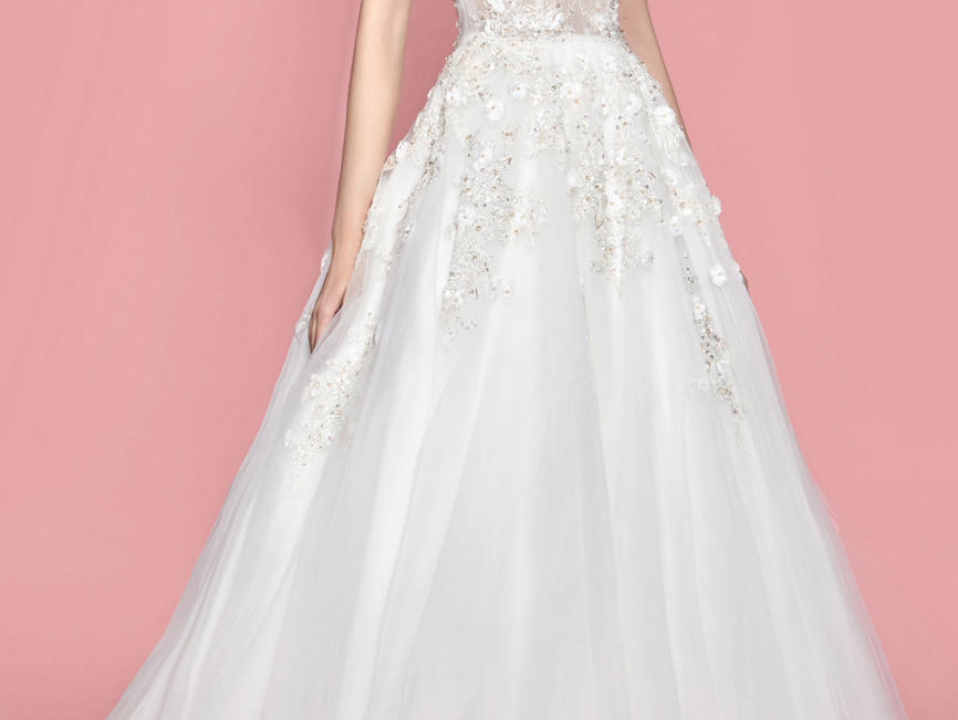 2017新款The One贴花透视圆领拖尾婚纱