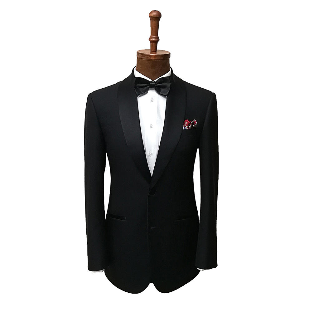 优山 纯黑色青果领修身男士结婚礼服