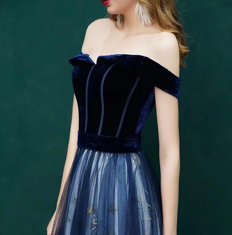 【星月】蓝色丝绒一字肩晚礼服