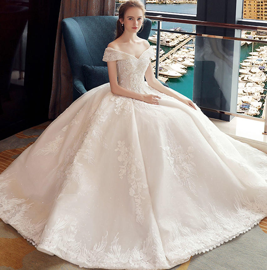 B&L婚纱礼服一字肩公主梦幻重工齐地婚纱