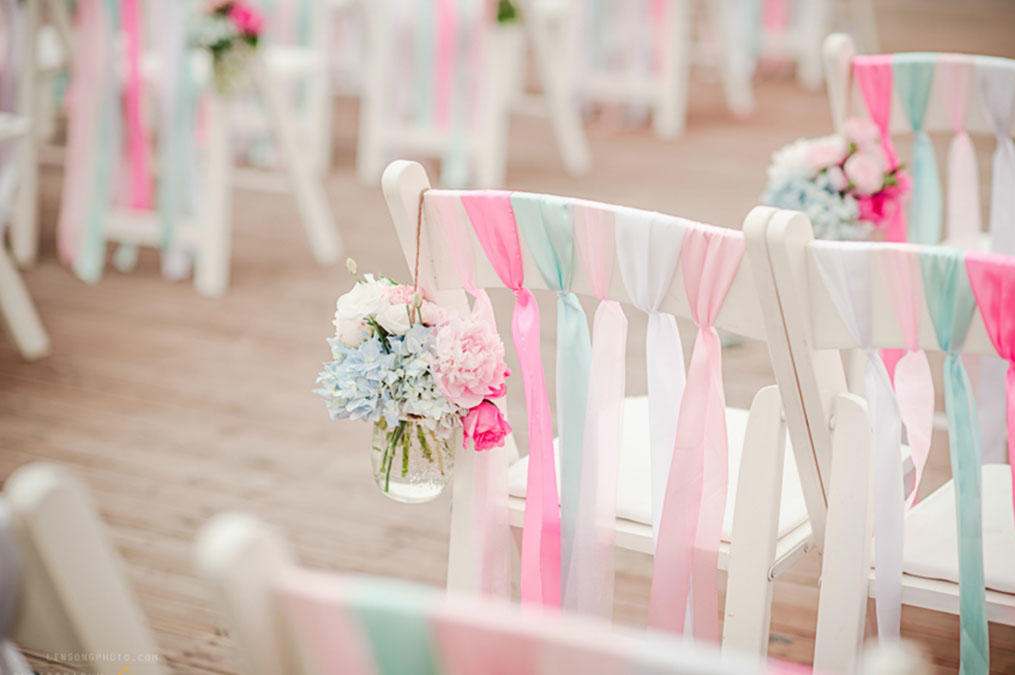 粉色蓝色，清新的露台户外婚礼，许仙楼