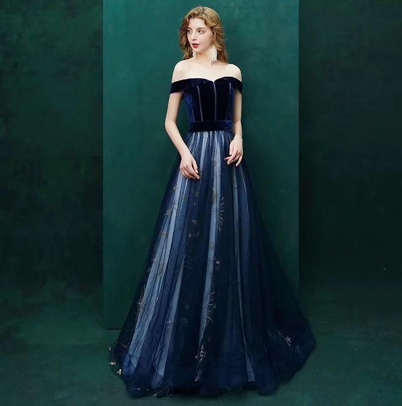 【星月】蓝色丝绒一字肩晚礼服