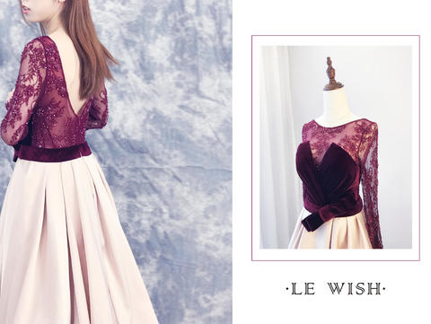 【Autumn】酒红色长袖蕾丝拼接丝绒缎面礼服