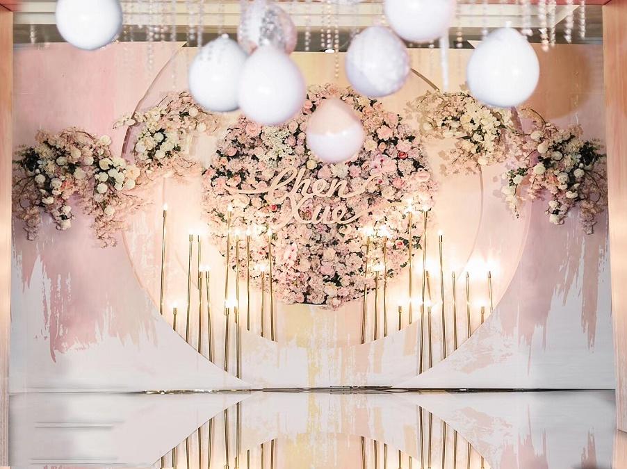 香槟粉奢华羽毛主题婚礼含老板亲自司仪化妆摄像摄影