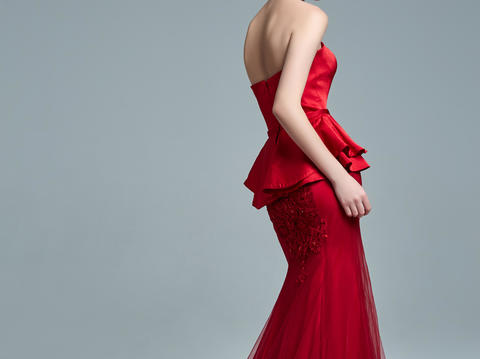 逸品定制 MS615红色鱼尾蕾丝缎面长裙礼服