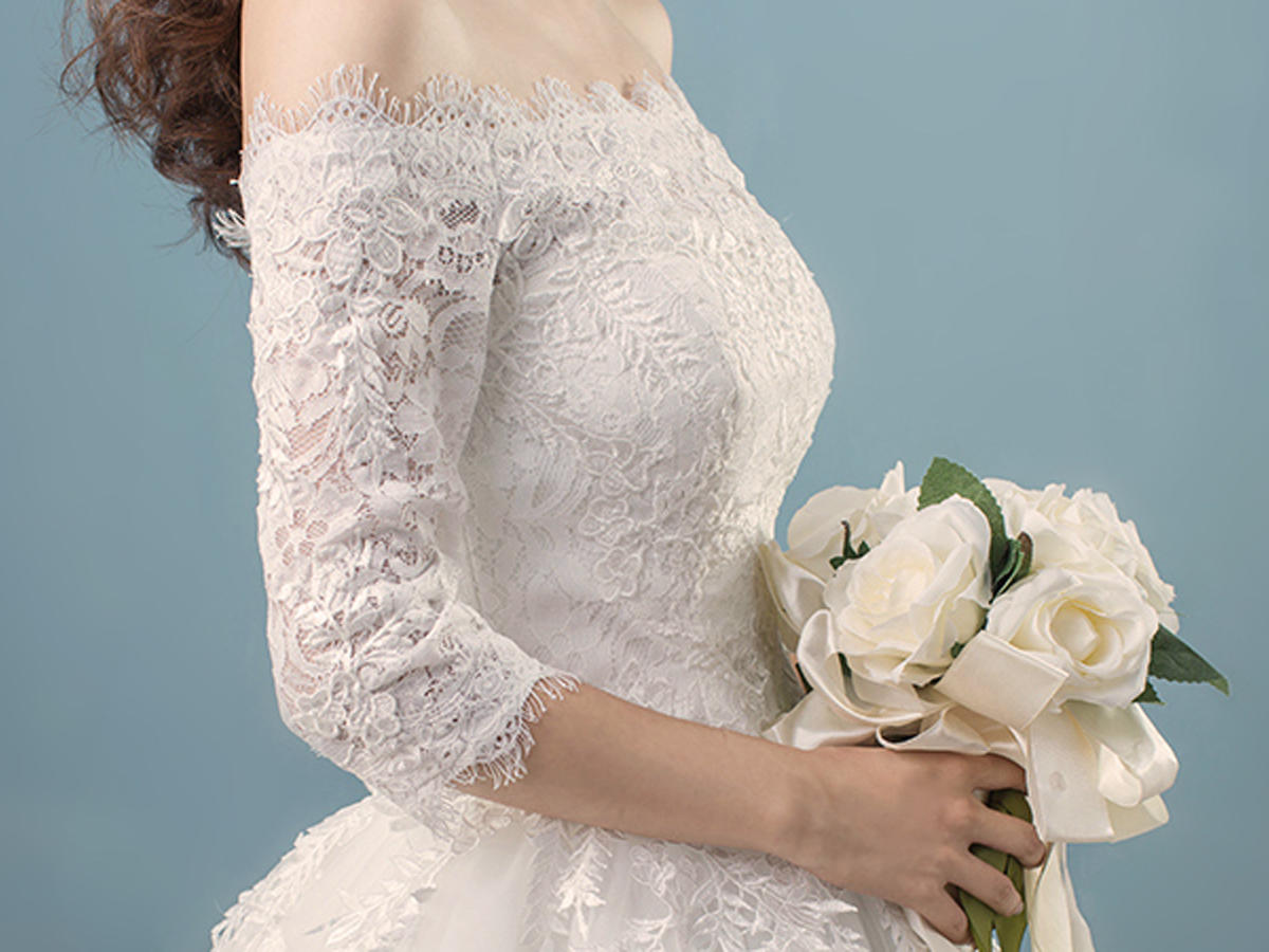 品薇嫁衣2016年韩版一字肩蕾丝修身中袖齐地婚纱