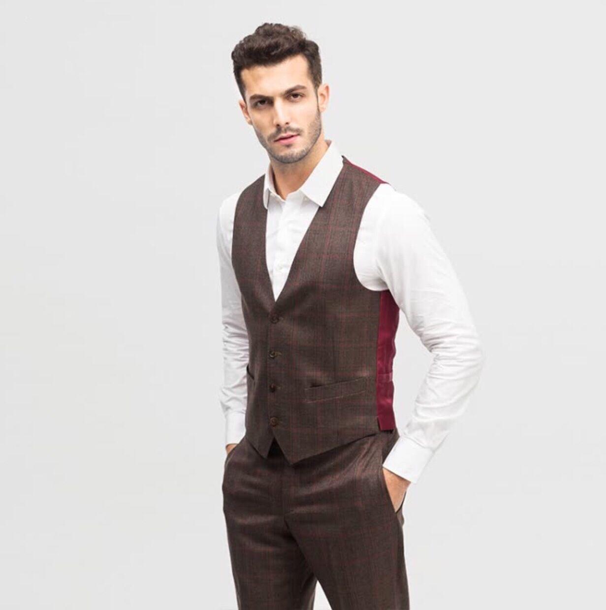 【西服宇钿】手工定制男士格子三件套结婚礼服