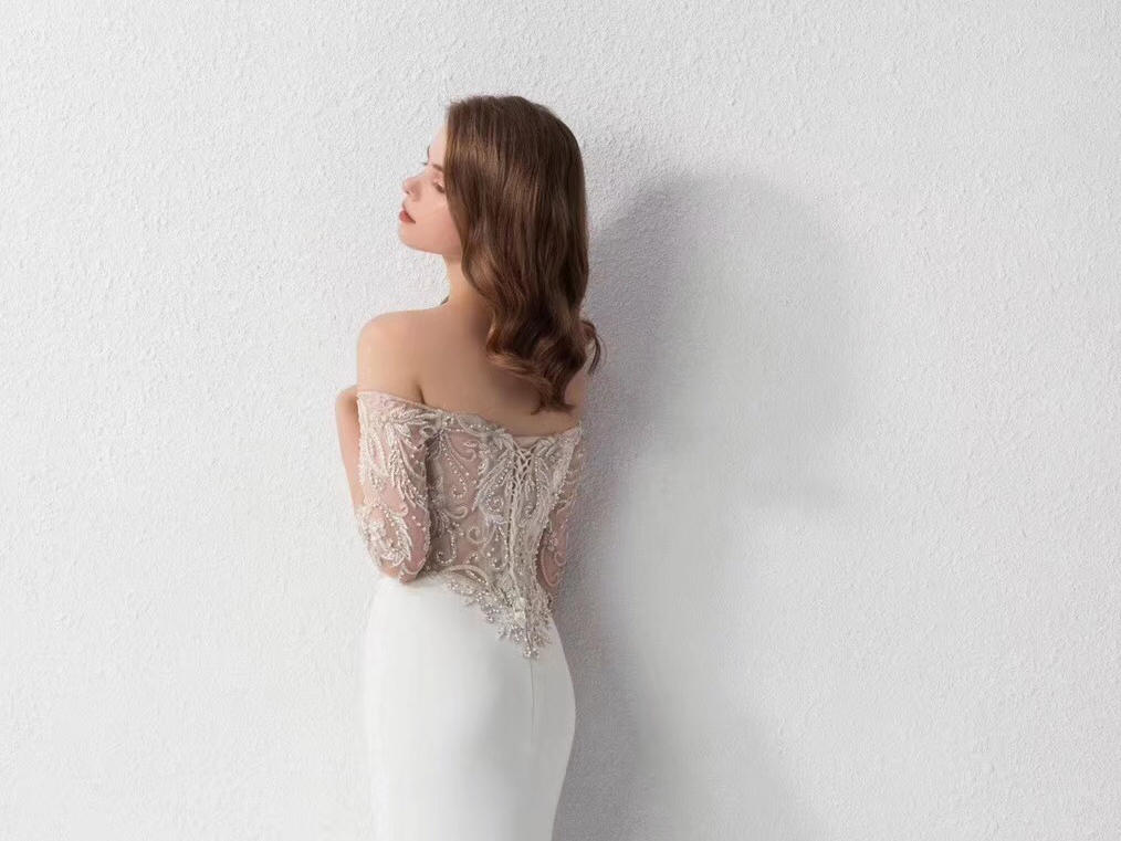 「媆·设计」一字肩法式刺绣鱼尾 完美新娘必选