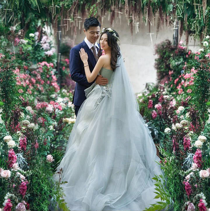 【感恩礼服特惠】蓝灰色纱裙堆褶蕾丝贴花感恩礼服