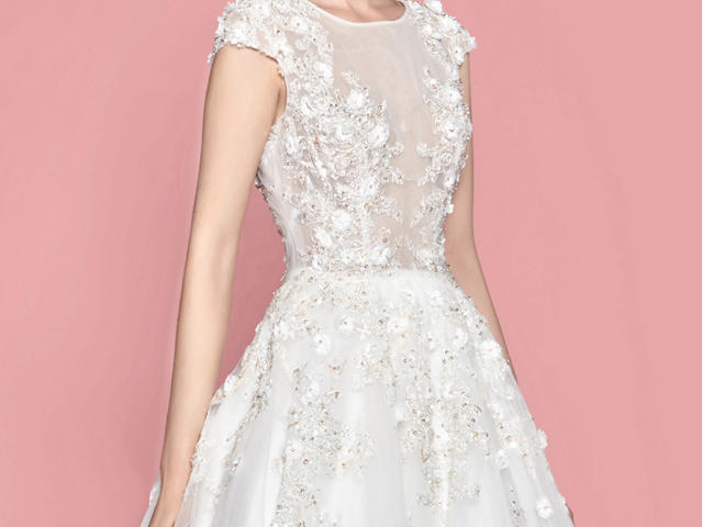 2017新款The One贴花透视圆领拖尾婚纱