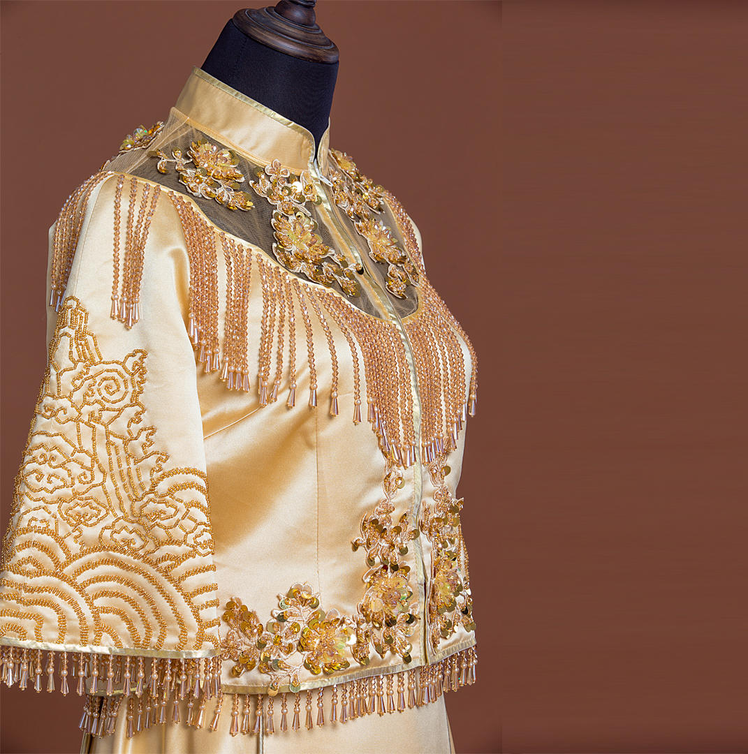 新款手工珠绣新中式双飘礼服