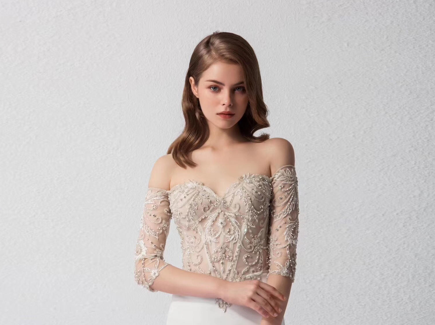 「媆·设计」一字肩法式刺绣鱼尾 完美新娘必选