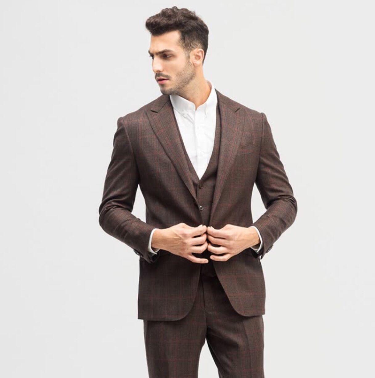 【西服宇钿】手工定制男士格子三件套结婚礼服