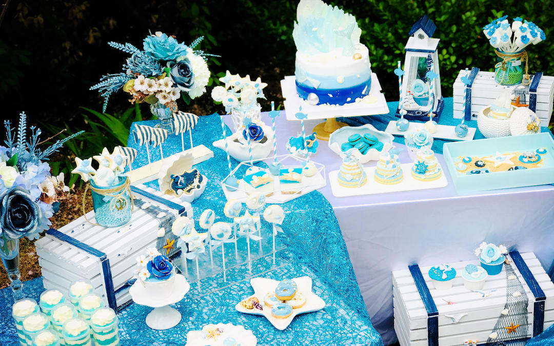 【2018摩卡烘焙】蓝色海洋系婚礼、生日甜品台