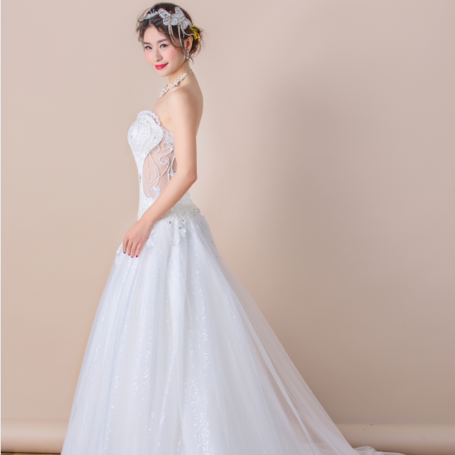 腰间镂空抹胸高贵优雅拖尾婚纱