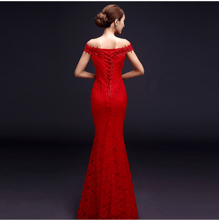 【买就送项链+耳环】新款红色蕾丝修身长款新娘结婚宴会晚礼服
