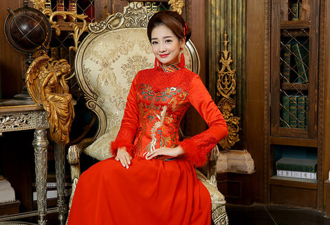 2015冬装新款新娘蕾丝长袖旗袍红色结婚锦缎秀禾