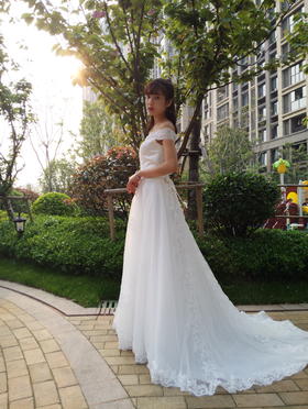 包邮 2016新款韩式v领一字肩拖尾公主新娘蕾丝婚纱绑带