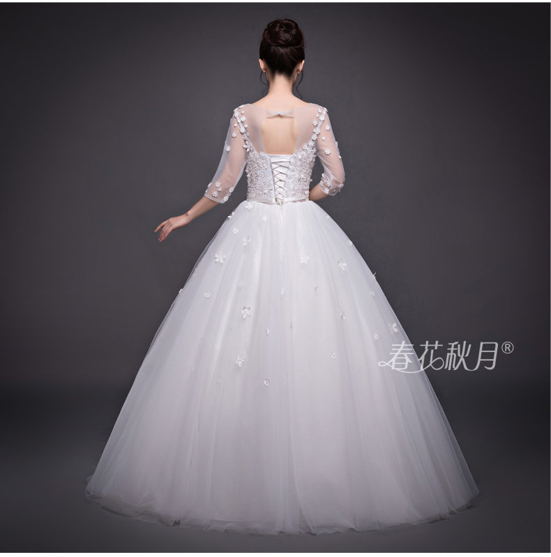 2016新款中袖婚纱蕾丝齐地花朵韩版新娘结婚礼服HS539