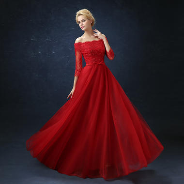 新款红色蕾丝中长袖新娘结婚敬酒服长款婚纱礼服