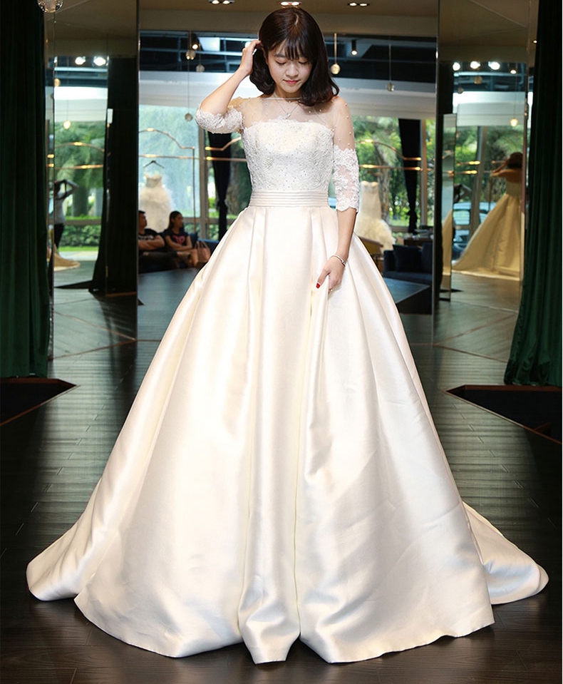 2016婚紗禮服新娘結婚冬季緞面中長袖一字肩拖尾韓式孕婦齊地