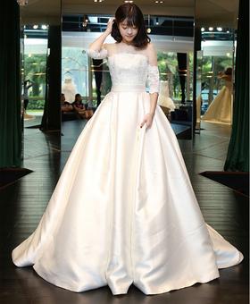 2016婚纱礼服新娘结婚冬季缎面中长袖一字肩拖尾韩式孕妇齐地