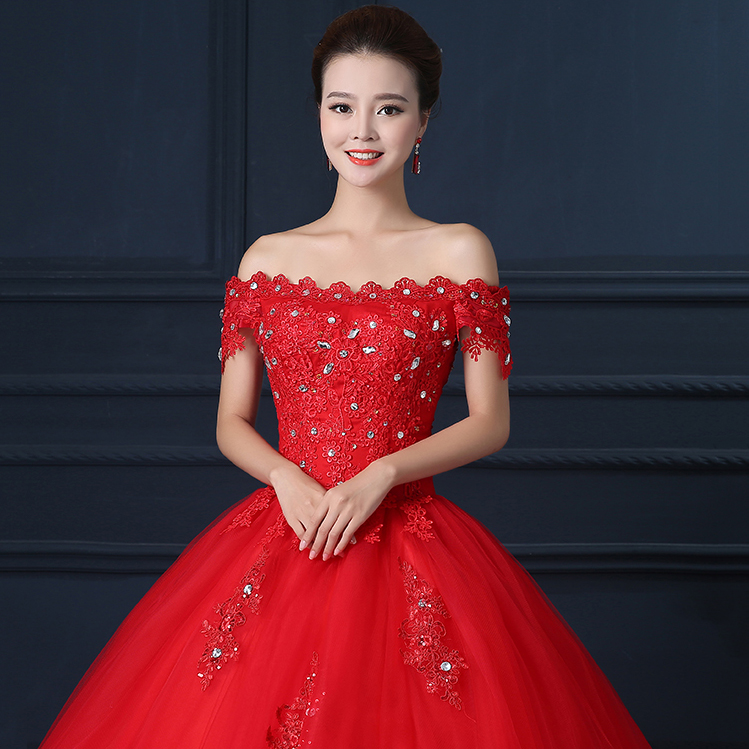 新款红色婚纱礼服新娘韩式大码显瘦一字肩齐地结婚婚纱