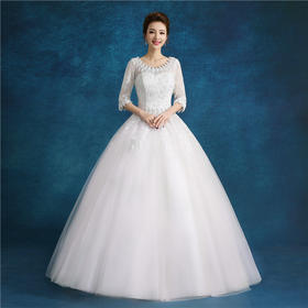 夏季新款韩式显瘦中袖蕾丝新娘简约一字肩婚纱MK01