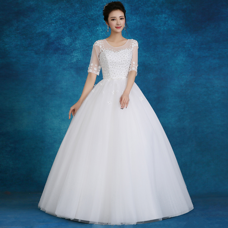 婚纱礼服2016新款韩式新娘大码一字肩中袖显瘦婚纱MK06