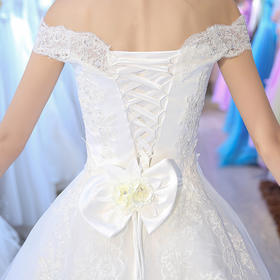韩式v领一字肩拖尾公主新娘蕾丝婚纱礼服2016新款