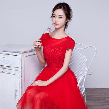 2016新款夏韩式双肩结婚礼服红色显瘦婚礼连衣裙女