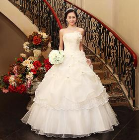 甜美优雅新娘花朵婚纱 新款婚纱 白色公主韩版 齐地韩式