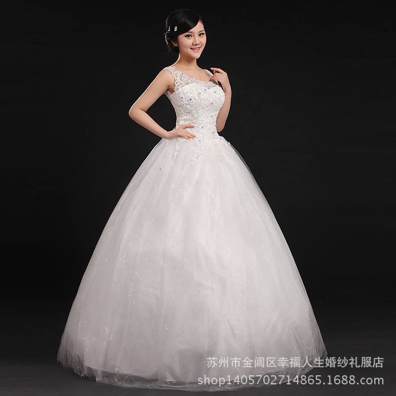 新款婚紗 蘇州婚紗廠家 白色齊地新娘綁帶抹胸燙鉆蕾絲