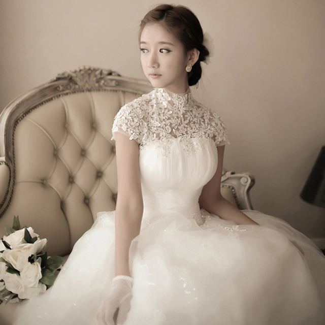 韩式蕾丝挂脖公主新娘绑带齐地露背婚纱礼服