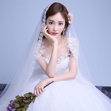 新款齐地婚纱礼服双肩中袖蕾丝花朵韩式简约显瘦新娘