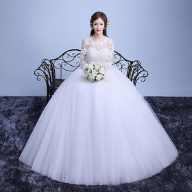 韩式新款新娘齐地婚纱时尚长袖蕾丝修身孕妇大码婚纱
