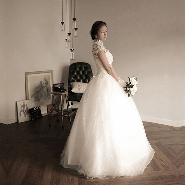 新款钻饰蕾丝韩式公主新娘绑带一字肩婚纱M3002