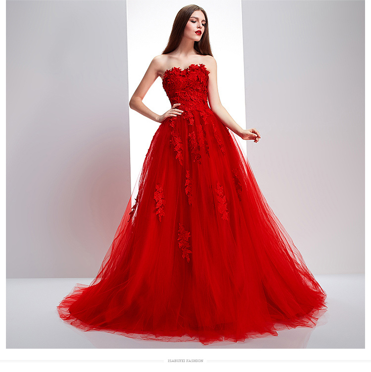 蕾丝小拖尾新娘婚纱韩式抹胸复古红色礼服
