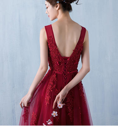 2016新款酒红色新娘结婚敬酒服长款修身显瘦立体花朵迎宾礼服