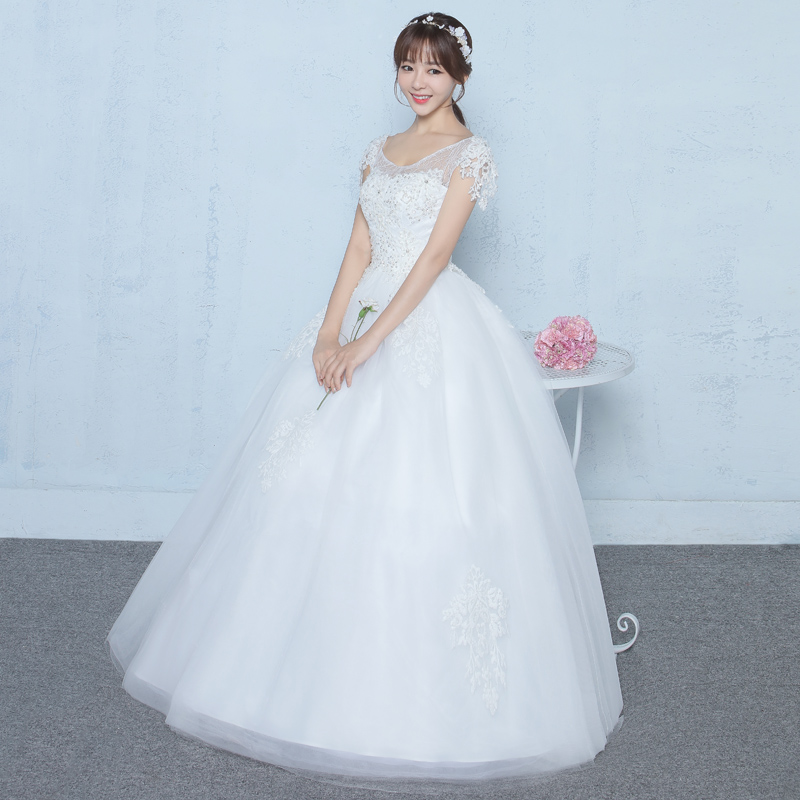新款一字肩韓式齊地結婚婚紗禮服新娘蕾絲大碼顯瘦雙肩
