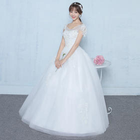 新款一字肩韩式齐地结婚婚纱礼服新娘蕾丝大码显瘦双肩