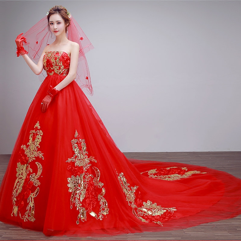 （拍下有禮）新款冬季新娘孕婦紅色抹胸長拖尾公主蕾絲大碼韓版秋