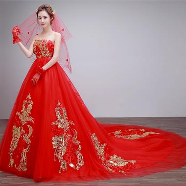 （拍下有礼）新款冬季新娘孕妇红色抹胸长拖尾公主蕾丝大码韩版秋